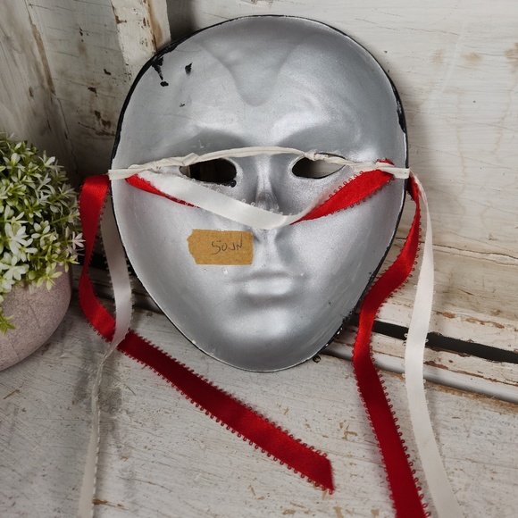 VTG Hand Painted Black & Red Ceramic Face Mask Wall Decor- Mardi Gras Masquerade - Picture 7 of 9